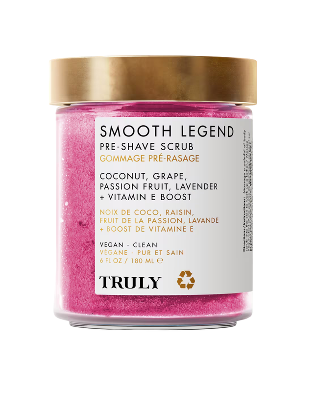 Truly's Smooth Legend Pre-Shave Scrub is a lightweight, sugar-based scrub to buff away dead skin cells and body odor, loosen hair follicles and lather away pore-clogging products to reveal bright, glowing skin. Use alone or before shaving for a super silky, ingrown-free shave.