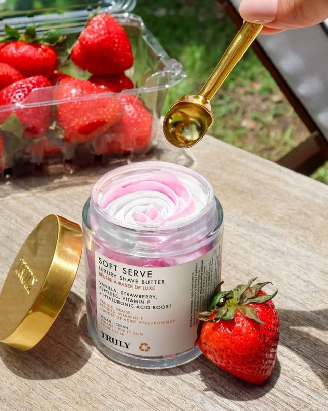 Get the scoop on upgrading your shave. Treat yourself to the yummy richness of our Soft Serve Luxury Shave Butter. Its dessert like swirl packs powerful peptides, while the thick texture softens hair and protects even the most sensitive skin from razor burn. And bonus..it smells like a delicious strawberry sundae!