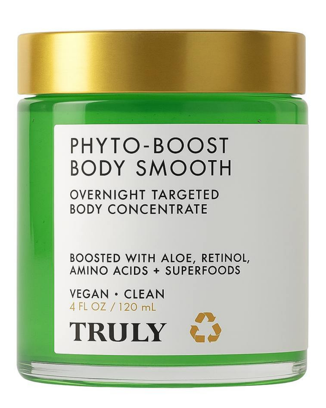 Transform your skin while you sleep with Truly’s Phyto-Boost Body Smooth. This powerful overnight body concentrate is packed with skin-loving ingredients like aloe, retinol, amino acids, and nutrient-rich superfoods to help visibly smooth, firm, and nourish your skin. The lightweight, fast-absorbing gel formula works through the night to restore hydration, improve texture, and support a more radiant, even-toned appearance by morning.