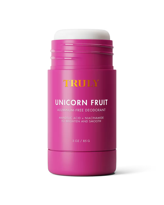 Truly Unicorn Fruit Skin Brightening Deodorant. This aluminum-free deodorant does it all: smooths, brightens, eliminates odors, and diminishes discoloration - for your prettiest pitties.
