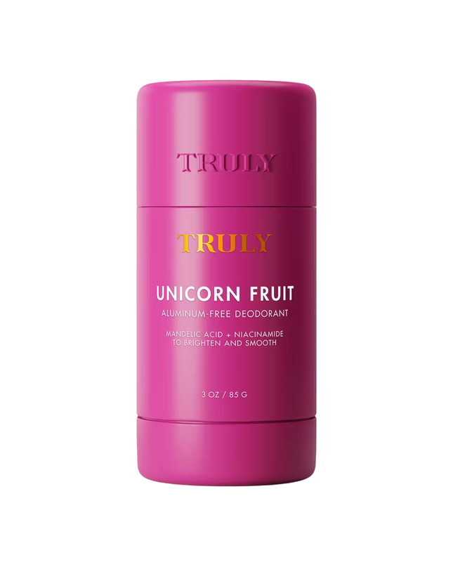 Truly Unicorn Fruit Skin Brightening Deodorant. This aluminum-free deodorant does it all: smooths, brightens, eliminates odors, and diminishes discoloration - for your prettiest pitties.