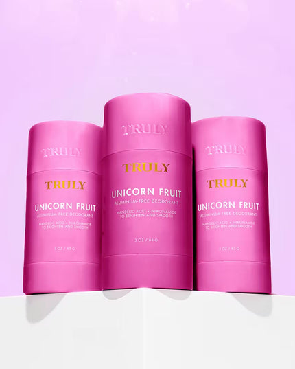 Truly Unicorn Fruit Skin Brightening Deodorant. This aluminum-free deodorant does it all: smooths, brightens, eliminates odors, and diminishes discoloration - for your prettiest pitties.