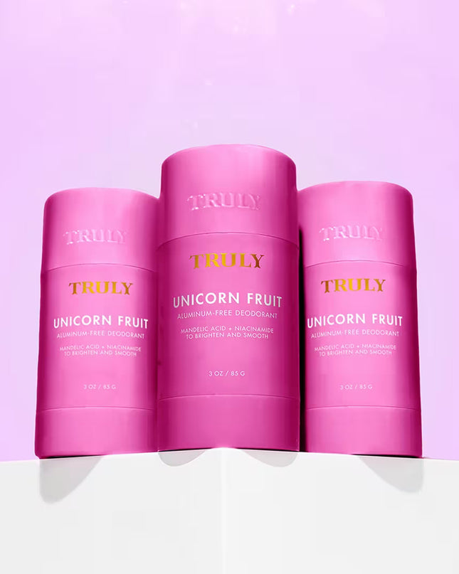 Truly Unicorn Fruit Skin Brightening Deodorant. This aluminum-free deodorant does it all: smooths, brightens, eliminates odors, and diminishes discoloration - for your prettiest pitties.