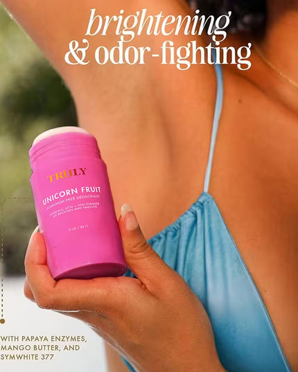 Truly Unicorn Fruit Skin Brightening Deodorant. This aluminum-free deodorant does it all: smooths, brightens, eliminates odors, and diminishes discoloration - for your prettiest pitties.