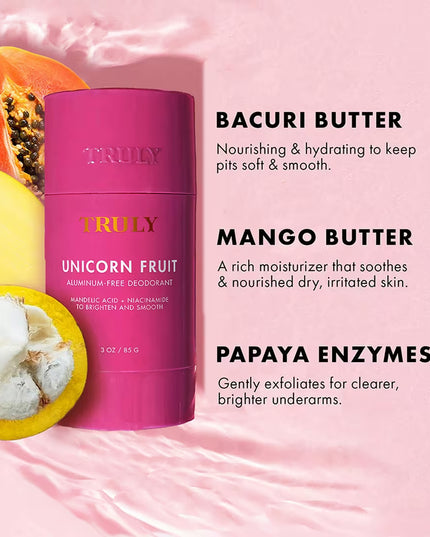 Truly Unicorn Fruit Skin Brightening Deodorant. This aluminum-free deodorant does it all: smooths, brightens, eliminates odors, and diminishes discoloration - for your prettiest pitties.