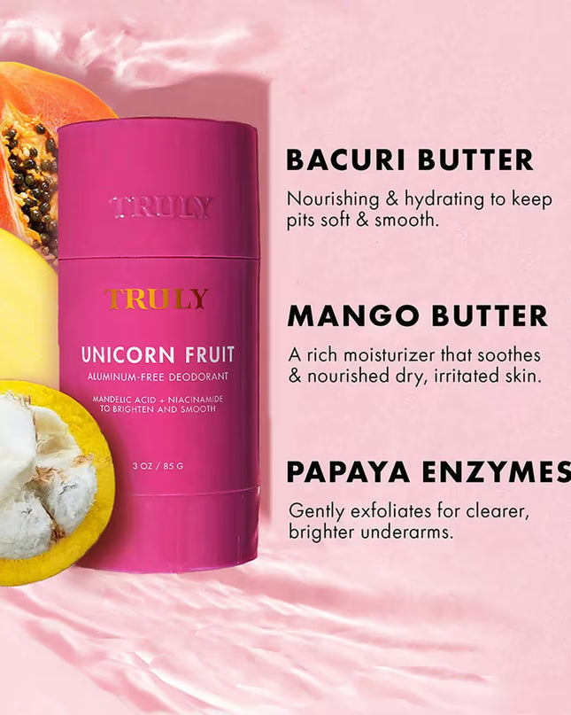 Truly Unicorn Fruit Skin Brightening Deodorant. This aluminum-free deodorant does it all: smooths, brightens, eliminates odors, and diminishes discoloration - for your prettiest pitties.