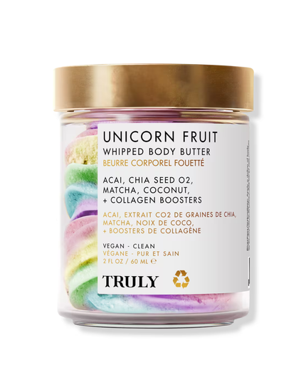 Truly's Unicorn Fruit Whipped Body Butter is a luscious, candy-scented swirl of acai, vegan collagen, matcha and shea butter to deeply hydrate, soothe, and plump skin all over. A daily essential for keeping skin smooth, strong, and smelling sweet!