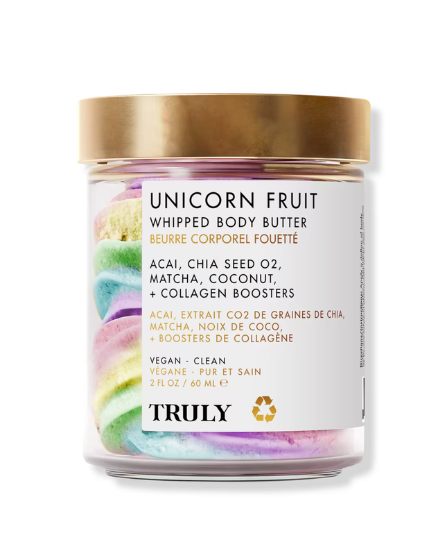 Truly's Unicorn Fruit Whipped Body Butter is a luscious, candy-scented swirl of acai, vegan collagen, matcha and shea butter to deeply hydrate, soothe, and plump skin all over. A daily essential for keeping skin smooth, strong, and smelling sweet!