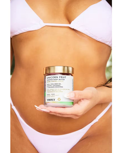 Truly's Unicorn Fruit Whipped Body Butter is a luscious, candy-scented swirl of acai, vegan collagen, matcha and shea butter to deeply hydrate, soothe, and plump skin all over. A daily essential for keeping skin smooth, strong, and smelling sweet!