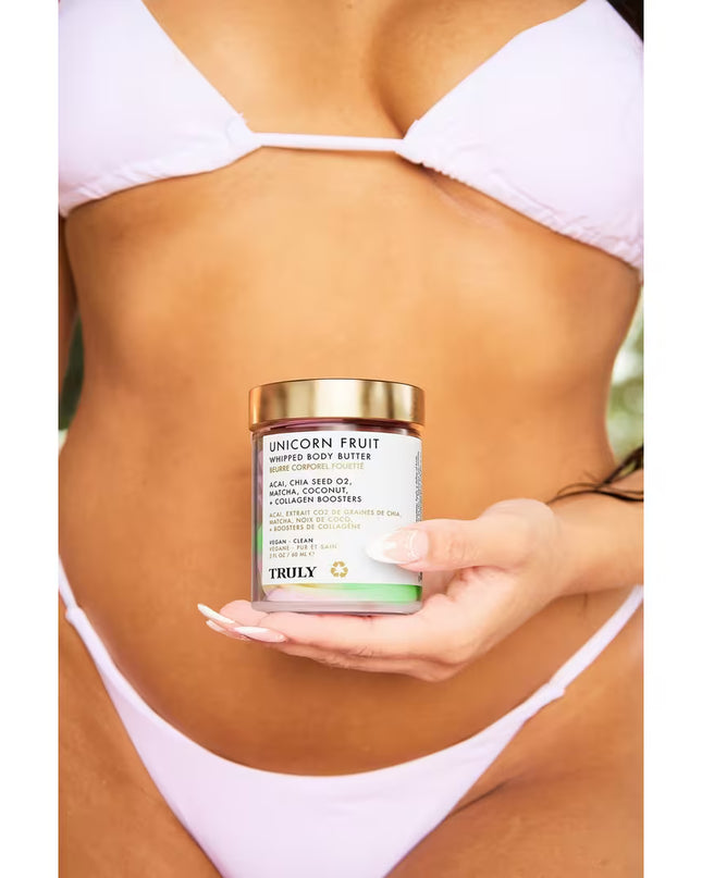 Truly's Unicorn Fruit Whipped Body Butter is a luscious, candy-scented swirl of acai, vegan collagen, matcha and shea butter to deeply hydrate, soothe, and plump skin all over. A daily essential for keeping skin smooth, strong, and smelling sweet!