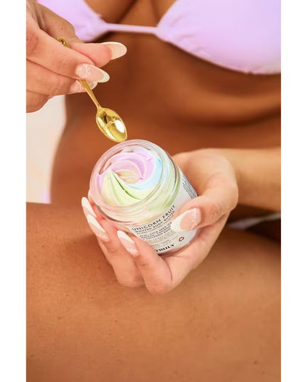 Truly's Unicorn Fruit Whipped Body Butter is a luscious, candy-scented swirl of acai, vegan collagen, matcha and shea butter to deeply hydrate, soothe, and plump skin all over. A daily essential for keeping skin smooth, strong, and smelling sweet!