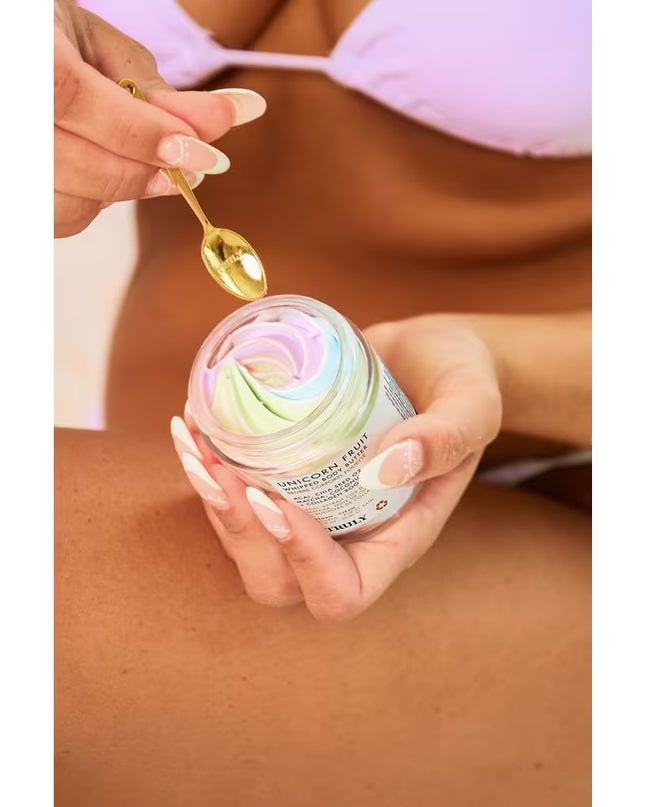 Truly's Unicorn Fruit Whipped Body Butter is a luscious, candy-scented swirl of acai, vegan collagen, matcha and shea butter to deeply hydrate, soothe, and plump skin all over. A daily essential for keeping skin smooth, strong, and smelling sweet!