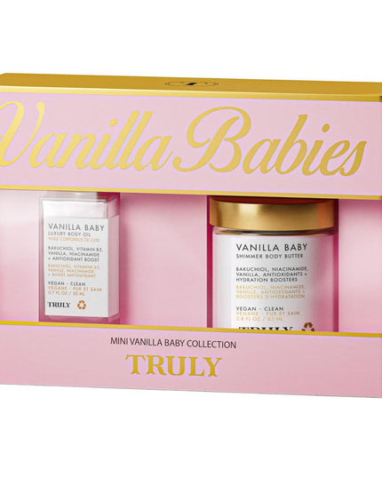Your two-step ritual for luminous skin and a warm vanilla scent.

.7 fl. oz. Vanilla Baby Luxury Body Oil Mini
2.8 fl. oz. Vanilla Baby Shimmer Body Butter Mini