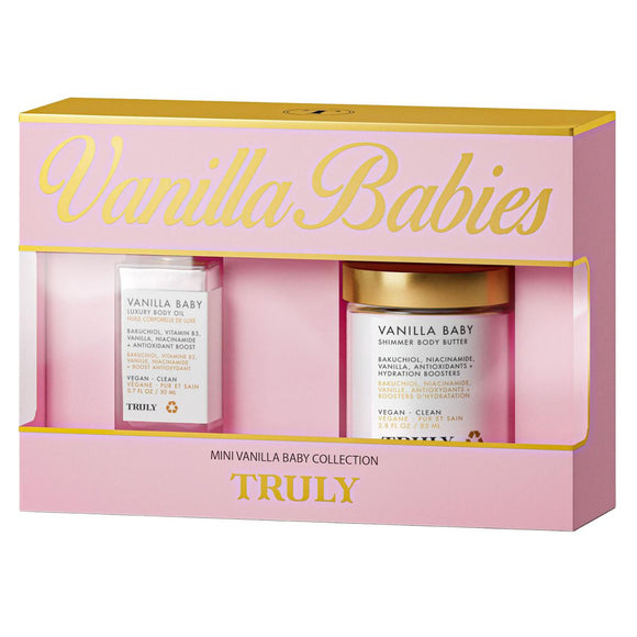 Your two-step ritual for luminous skin and a warm vanilla scent.

.7 fl. oz. Vanilla Baby Luxury Body Oil Mini
2.8 fl. oz. Vanilla Baby Shimmer Body Butter Mini