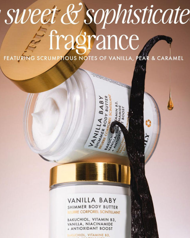 Your two-step ritual for luminous skin and a warm vanilla scent.

.7 fl. oz. Vanilla Baby Luxury Body Oil Mini
2.8 fl. oz. Vanilla Baby Shimmer Body Butter Mini