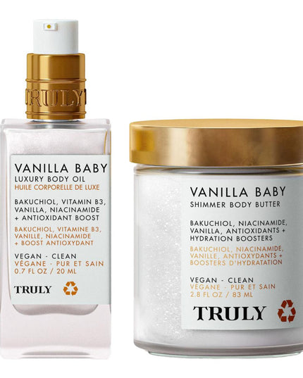 Your two-step ritual for luminous skin and a warm vanilla scent.

.7 fl. oz. Vanilla Baby Luxury Body Oil Mini
2.8 fl. oz. Vanilla Baby Shimmer Body Butter Mini