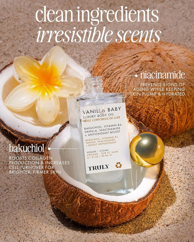 A luxury body oil that helps visibly plump skin for added volume, tighter looking skin, and a glistening, satin-like finish.