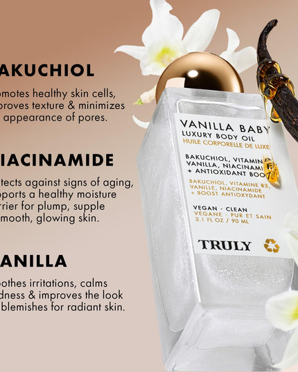 A luxury body oil that helps visibly plump skin for added volume, tighter looking skin, and a glistening, satin-like finish.