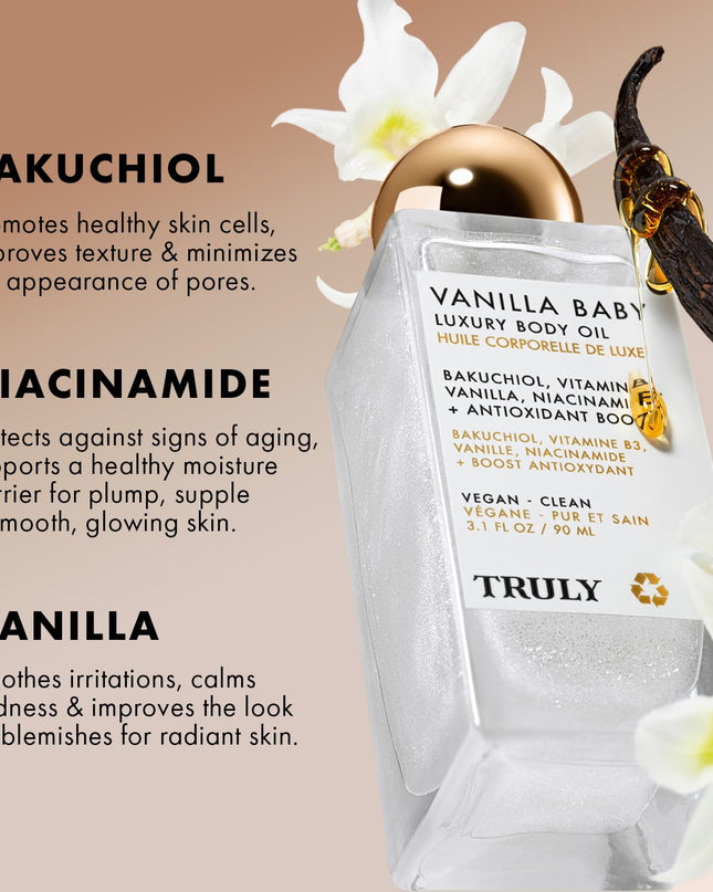 A luxury body oil that helps visibly plump skin for added volume, tighter looking skin, and a glistening, satin-like finish.