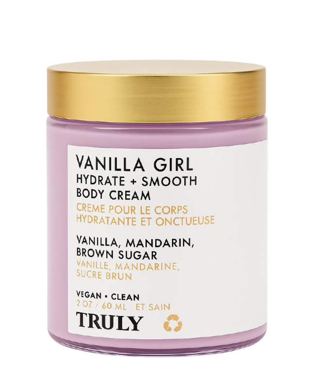 Wrap your skin in a soft, sensual glow with Vanilla Girl Hydrate + Smooth Body Cream&nbsp;by Truly Beauty. This luxurious, whipped body cream delivers deep hydration and a silky-smooth finish with an irresistible scent of vanilla, mandarin, and brown sugar. The nourishing formula melts effortlessly into the skin, locking in moisture while enhancing your natural radiance.