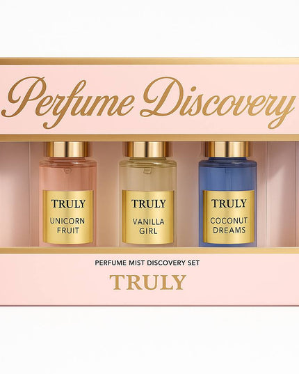Indulge in a fairytale trio of Truly Beauty’s most-loved perfume mists. This limited-edition Perfume Discovery Set features three delectable, dreamy fragrances designed to match every mood — from sweet and playful to soft and tropical. Perfect for gifting or discovering your new signature scent.