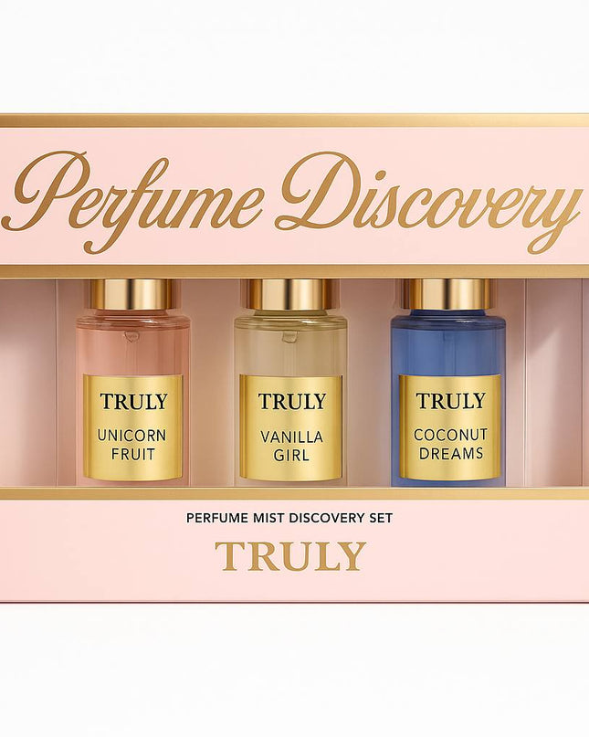 Indulge in a fairytale trio of Truly Beauty’s most-loved perfume mists. This limited-edition Perfume Discovery Set features three delectable, dreamy fragrances designed to match every mood — from sweet and playful to soft and tropical. Perfect for gifting or discovering your new signature scent.