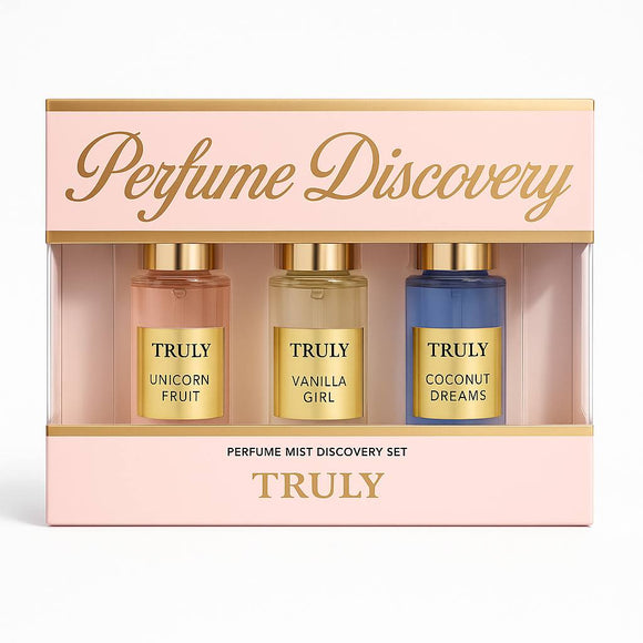 Indulge in a fairytale trio of Truly Beauty’s most-loved perfume mists. This limited-edition Perfume Discovery Set features three delectable, dreamy fragrances designed to match every mood — from sweet and playful to soft and tropical. Perfect for gifting or discovering your new signature scent.