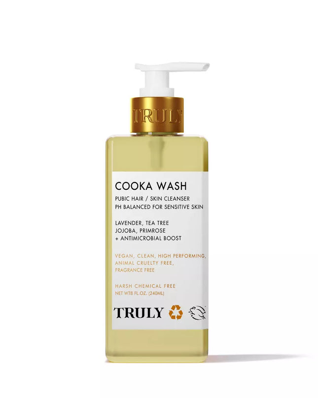 A pH-balancing body wash designed especially for the pubic area to cleanse skin, soften hair, eliminate ingrowns, and ease inflamed skin to keep you smooth and nourished down there. Truly's Cooka Body Wash is inspired by the cult-fave Cooka Oil to leave you with a sleek, silky, and bump-free bikini line.
