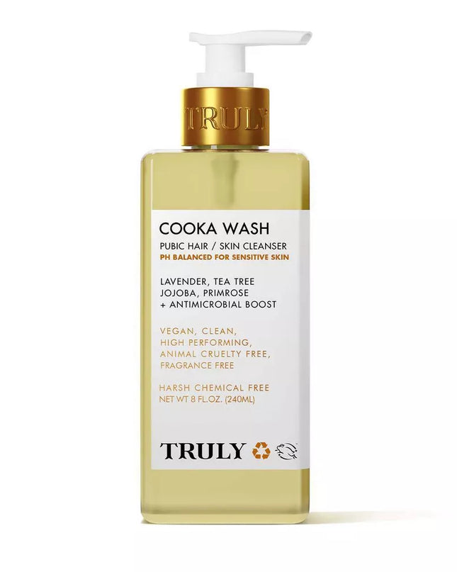 A pH-balancing body wash designed especially for the pubic area to cleanse skin, soften hair, eliminate ingrowns, and ease inflamed skin to keep you smooth and nourished down there. Truly's Cooka Body Wash is inspired by the cult-fave Cooka Oil to leave you with a sleek, silky, and bump-free bikini line.