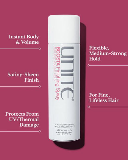 An amplifying, flake-free hairspray that delivers instant volume, flexible hold, and a satiny-sheen finish.