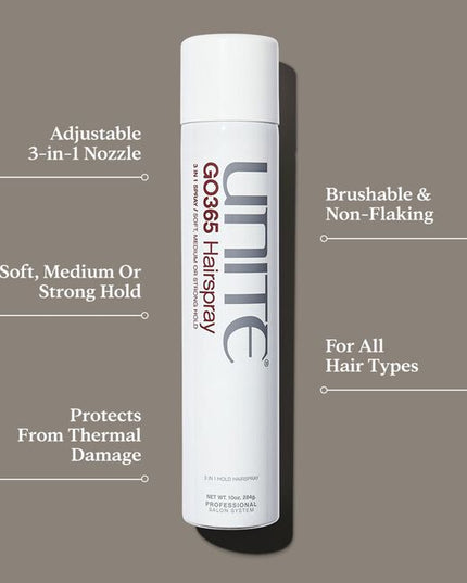 A 3-in-1, flake-free hairspray with an adjustable nozzle that delivers the exact hold for your style: soft, medium or strong.