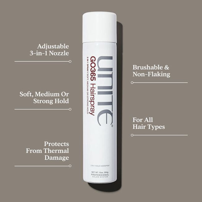 A 3-in-1, flake-free hairspray with an adjustable nozzle that delivers the exact hold for your style: soft, medium or strong.