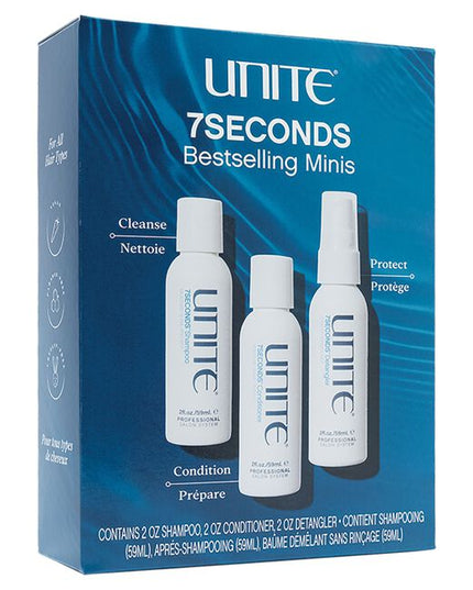 Discover Unite's signature bestsellers! This travel-size trio infuses all hair types with a healthy dose of hydration, shine and protection.

7SECONDS Bestselling Minis Set Includes:

(1) - 7SECONDS Shampoo, 2 fl. oz.
(1) - 7SECONDS Conditioner, 2 fl. oz.
(1) - 7SECONDS Detangler, 2 fl. oz.
