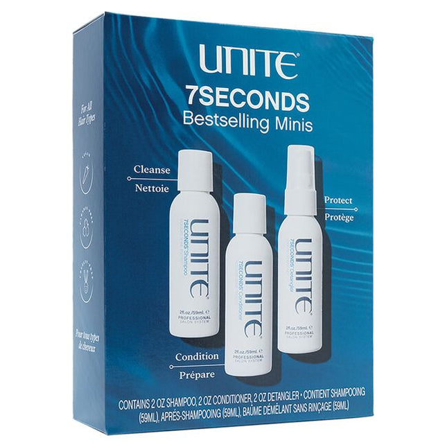 Discover Unite's signature bestsellers! This travel-size trio infuses all hair types with a healthy dose of hydration, shine and protection.

7SECONDS Bestselling Minis Set Includes:

(1) - 7SECONDS Shampoo, 2 fl. oz.
(1) - 7SECONDS Conditioner, 2 fl. oz.
(1) - 7SECONDS Detangler, 2 fl. oz.