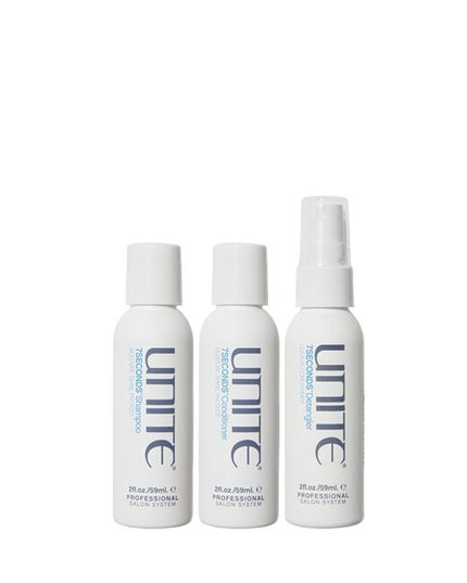 Discover Unite's signature bestsellers! This travel-size trio infuses all hair types with a healthy dose of hydration, shine and protection.

7SECONDS Bestselling Minis Set Includes:

(1) - 7SECONDS Shampoo, 2 fl. oz.
(1) - 7SECONDS Conditioner, 2 fl. oz.
(1) - 7SECONDS Detangler, 2 fl. oz.