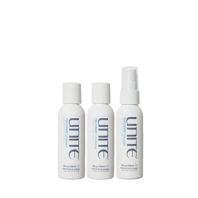 Discover Unite's signature bestsellers! This travel-size trio infuses all hair types with a healthy dose of hydration, shine and protection.

7SECONDS Bestselling Minis Set Includes:

(1) - 7SECONDS Shampoo, 2 fl. oz.
(1) - 7SECONDS Conditioner, 2 fl. oz.
(1) - 7SECONDS Detangler, 2 fl. oz.