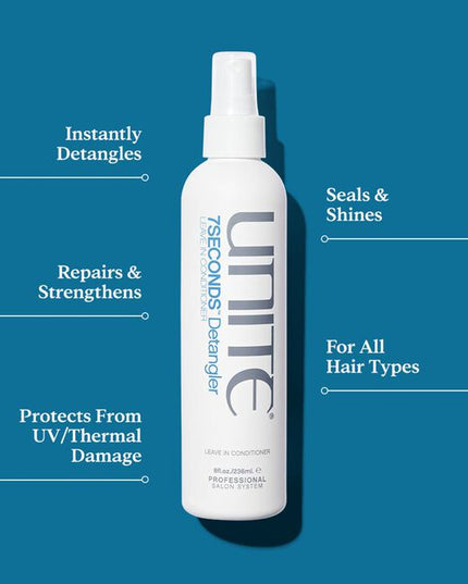 UNITE Hair's bestselling lightweight 7SECONDS Detangler instantly detangles, strengthens, smooths and protects. This protein-based leave-in conditioner leaves hair strong and healthy while targeting tangles and knots. The detangler also seals the cuticle and protects hair from UV/thermal damage.