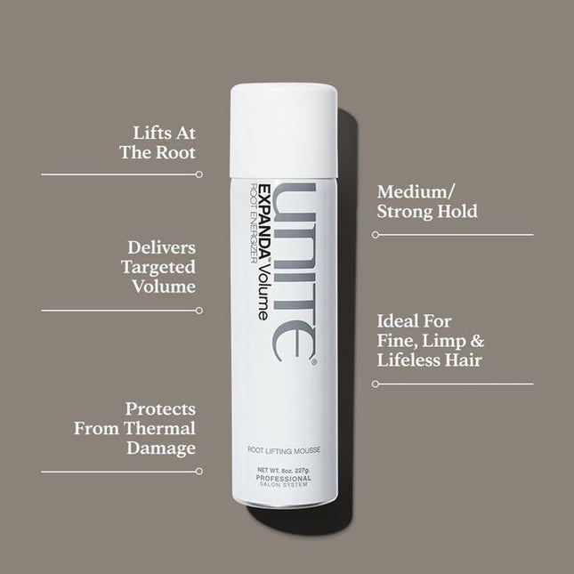 A targeted, volumizing spray foam that adds lift, volume, and hold directly to the root. Ideal for fine or lifeless locks.