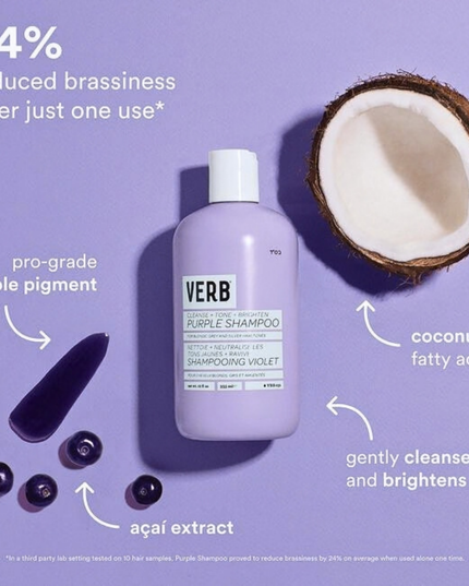 Purple shampoo cleanses and brightens to bring out your brightest blonde. Formulated with professional grade violet pigment and açai extract, this shampoo was designed to enhance cool tones and neutralize brassy hues in blonde, highlighted, gray and silver hair. Reduces brassiness by 24%.* 