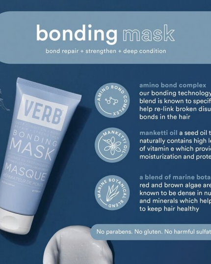 Award-winning Verb® Bonding Mask helps repair damage and seal split ends for smoother, shinier and visibly healthier hair. Powered by the brand's amino-bond complex, red and brown algae and mafura butter, this mask is clinically proven to help strengthen damaged hair after just one use.