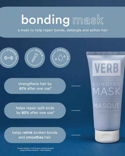 Award-winning Verb® Bonding Mask helps repair damage and seal split ends for smoother, shinier and visibly healthier hair. Powered by the brand's amino-bond complex, red and brown algae and mafura butter, this mask is clinically proven to help strengthen damaged hair after just one use.
