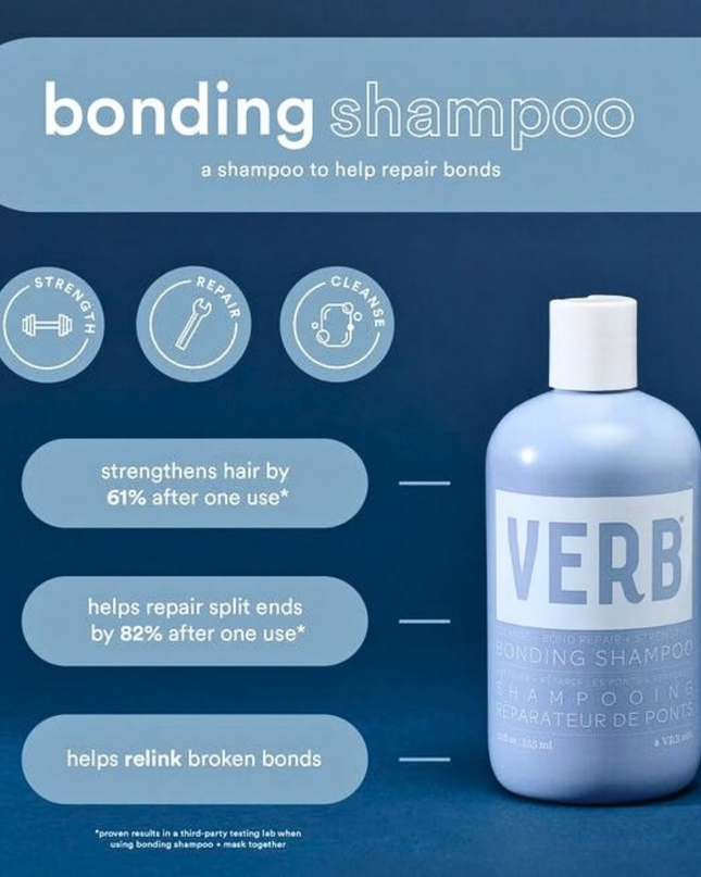 Verb® Bonding Shampoo helps repair damage and seal split ends for smoother, shinier and visibly healthier hair. Powered by the brand's amino-bond complex, red and brown algae and mafura butter, this shampoo is clinically proven to help strengthen damaged hair.