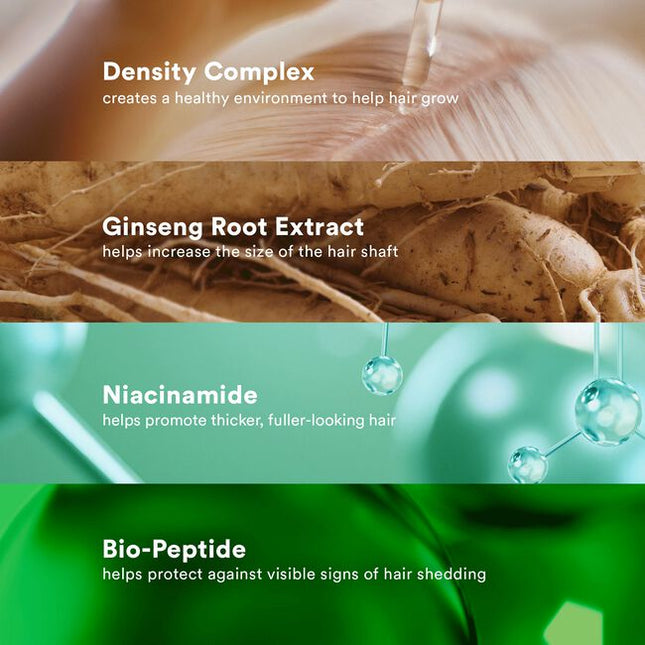 A lightweight hair serum that visibly increases hair density and minimizes the appearance of thinning hair. Powered by our unique density complex, ginseng root extract and niacinamide, this serum visibly reduces signs of shedding for thicker, fuller-looking hair.