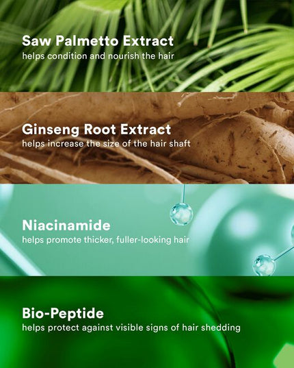 A density-boosting shampoo, powered by saw palmetto extract, ginseng root extract and niacinamide, that gently cleanses and helps minimize the appearance of shedding for a less visible scalp and thicker, fuller-looking hair.