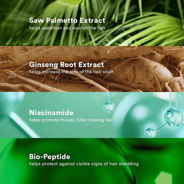 A density-boosting shampoo, powered by saw palmetto extract, ginseng root extract and niacinamide, that gently cleanses and helps minimize the appearance of shedding for a less visible scalp and thicker, fuller-looking hair.