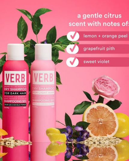 Verb® Dry Shampoo Dark refreshes hair, extends style and boosts body. Powered by pomegranate extract, bilberry extract and rice starch to absorb oil and odors while cleansing hair. This formula is earth-toned to disappear in brown, red and darker hair colors. No benzene detected.*