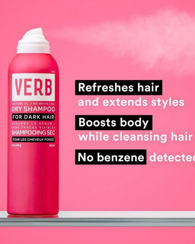 Verb® Dry Shampoo Dark refreshes hair, extends style and boosts body. Powered by pomegranate extract, bilberry extract and rice starch to absorb oil and odors while cleansing hair. This formula is earth-toned to disappear in brown, red and darker hair colors. No benzene detected.*