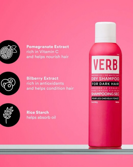 Verb® Dry Shampoo Dark refreshes hair, extends style and boosts body. Powered by pomegranate extract, bilberry extract and rice starch to absorb oil and odors while cleansing hair. This formula is earth-toned to disappear in brown, red and darker hair colors. No benzene detected.*