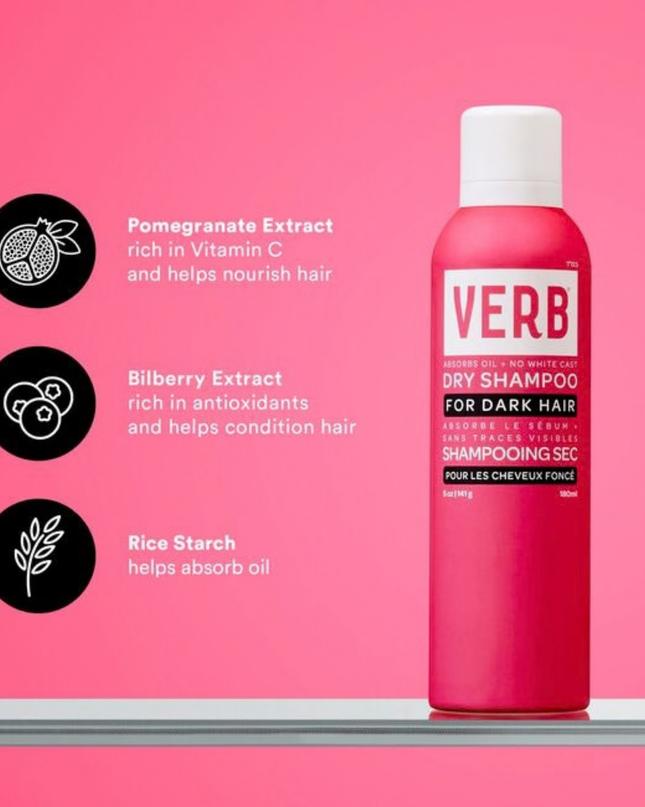 Verb® Dry Shampoo Dark refreshes hair, extends style and boosts body. Powered by pomegranate extract, bilberry extract and rice starch to absorb oil and odors while cleansing hair. This formula is earth-toned to disappear in brown, red and darker hair colors. No benzene detected.*