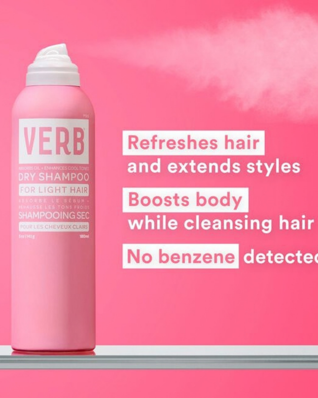 Verb® Dry Shampoo Light refreshes hair, extends style and boosts body. Powered by pomegranate extract, bilberry extract and rice starch to absorb oil and odors while cleansing hair. This formula is tinted purple to disappear in blonde and lighter hair colors. No benzene detected.*